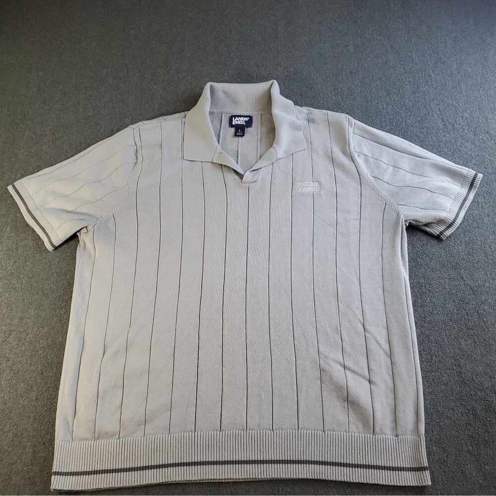 Lands End Ribbed Knit Polo Shirt Wells Fargo Men's Size Large Gray